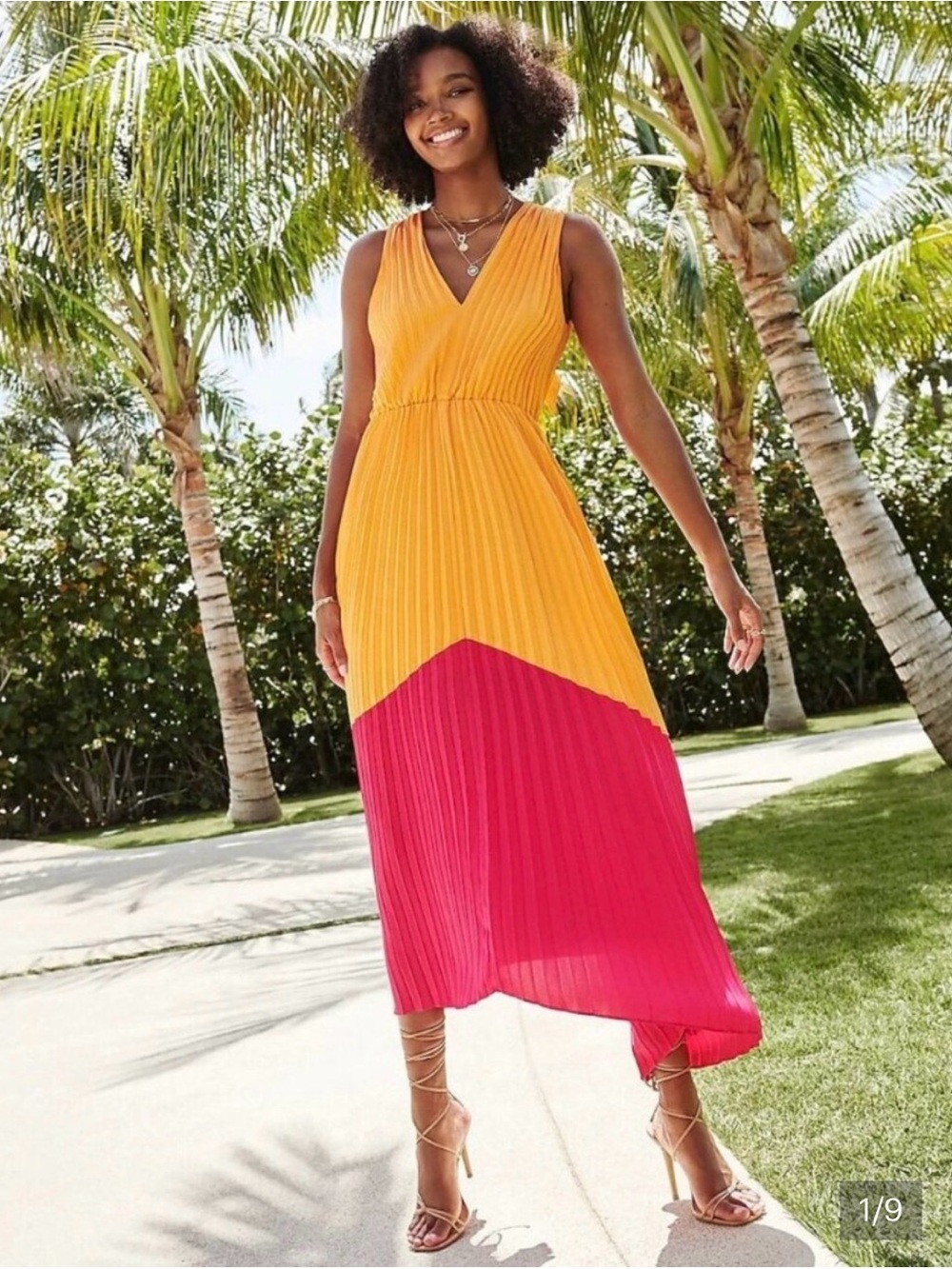 Express Sleeveless Pleated High-Low Maxi Dress - Orange & Pink